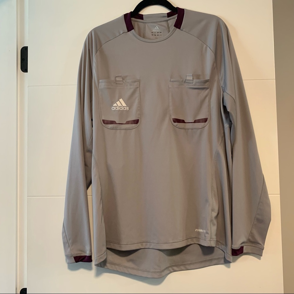 adidas Men's Long-Sleeve Referee Jersey in Light Gray with Maroon Accents